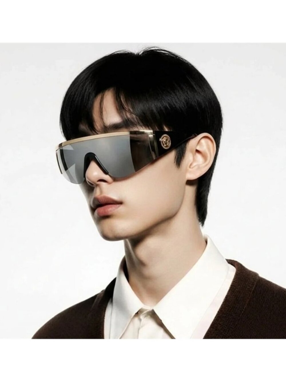 New Versace™ VE2197 Shield Sunglasses – Gold Frame / Grey Mirror Lenses